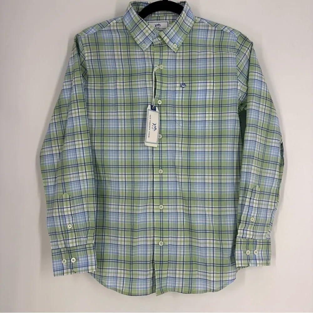 SOUTHERN TIDE Boy’s Surfscoter Blue and Green Plaid Sport Button Down Sz L